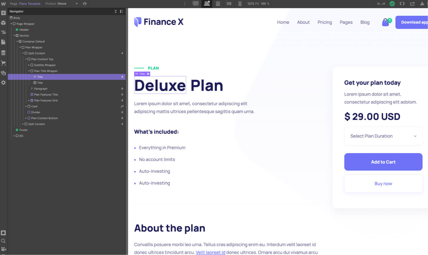 eCommerce Page - Finance X Webflow Template